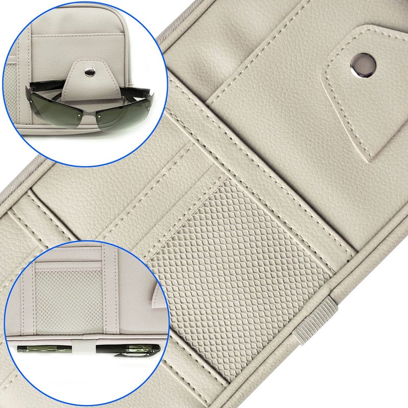 Da by Car Visor Organier Truck SUV Sun Visor Storage Pocket PU Leather Pouch Holder with Multi-Pocket Double Zipper Net Pocket, for Cards Pens Sunglasses Document (Cream Grey) - Image 4
